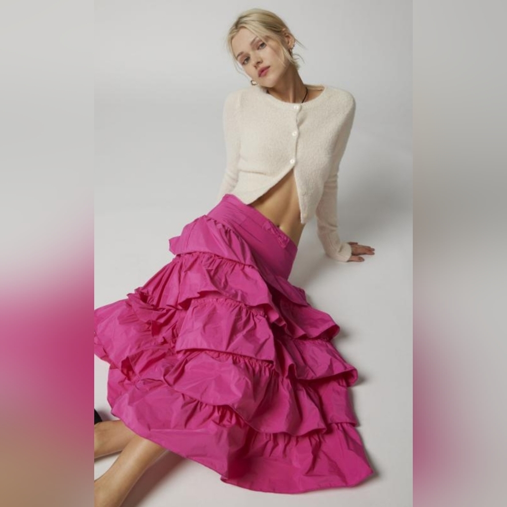 Urban Outfitters Rainee Tiered Ruffle Midi Skirt Hot Pink